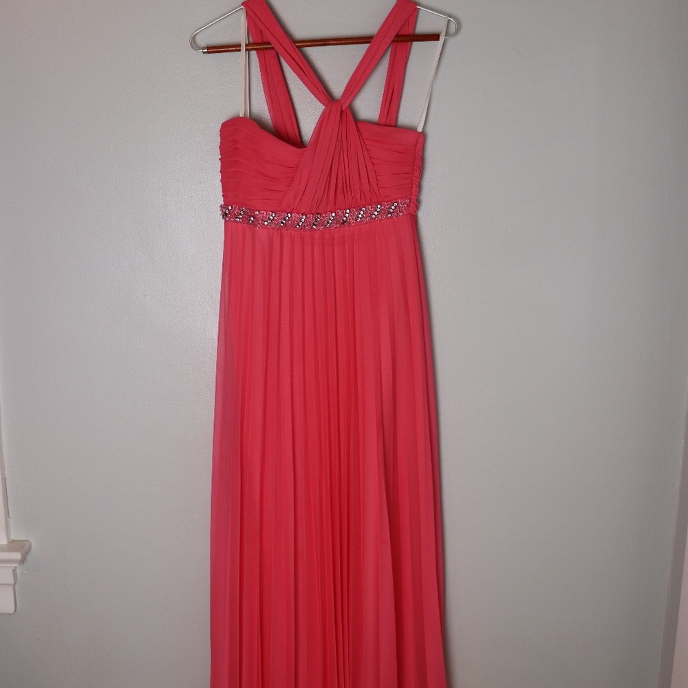 Bright pink long halter prom dress